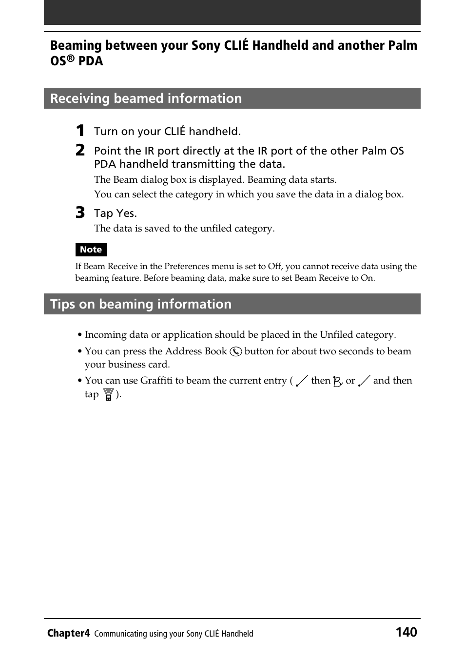 Receiving beamed information, Tips on beaming information, Receiving data | Tips on beaming, Pda receiving beamed information | Sony PEG-N760C User Manual | Page 140 / 232