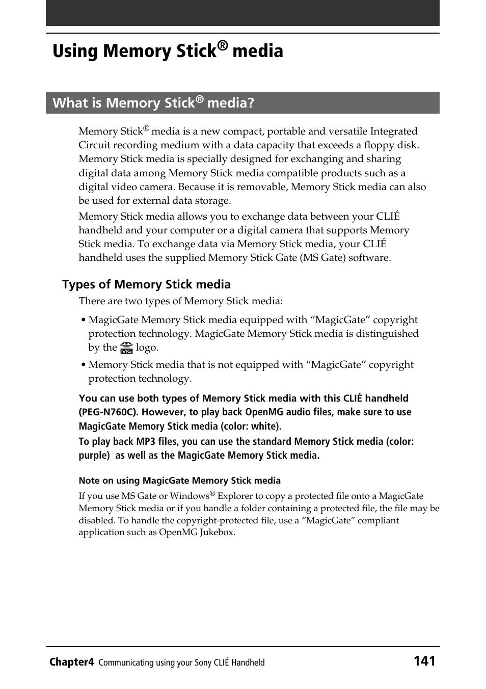 Using memory stick® media, What is memory stick® media, Overview | Types, Using memory stick, Media, What is memory stick | Sony PEG-N760C User Manual | Page 141 / 232