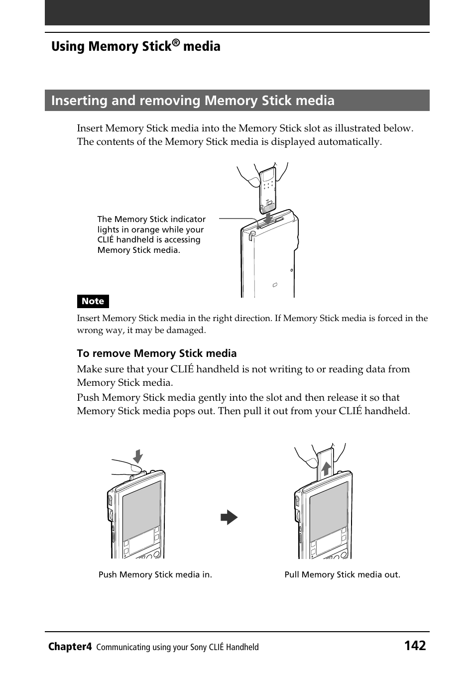 Inserting and removing memory stick media, Inserting and removing | Sony PEG-N760C User Manual | Page 142 / 232