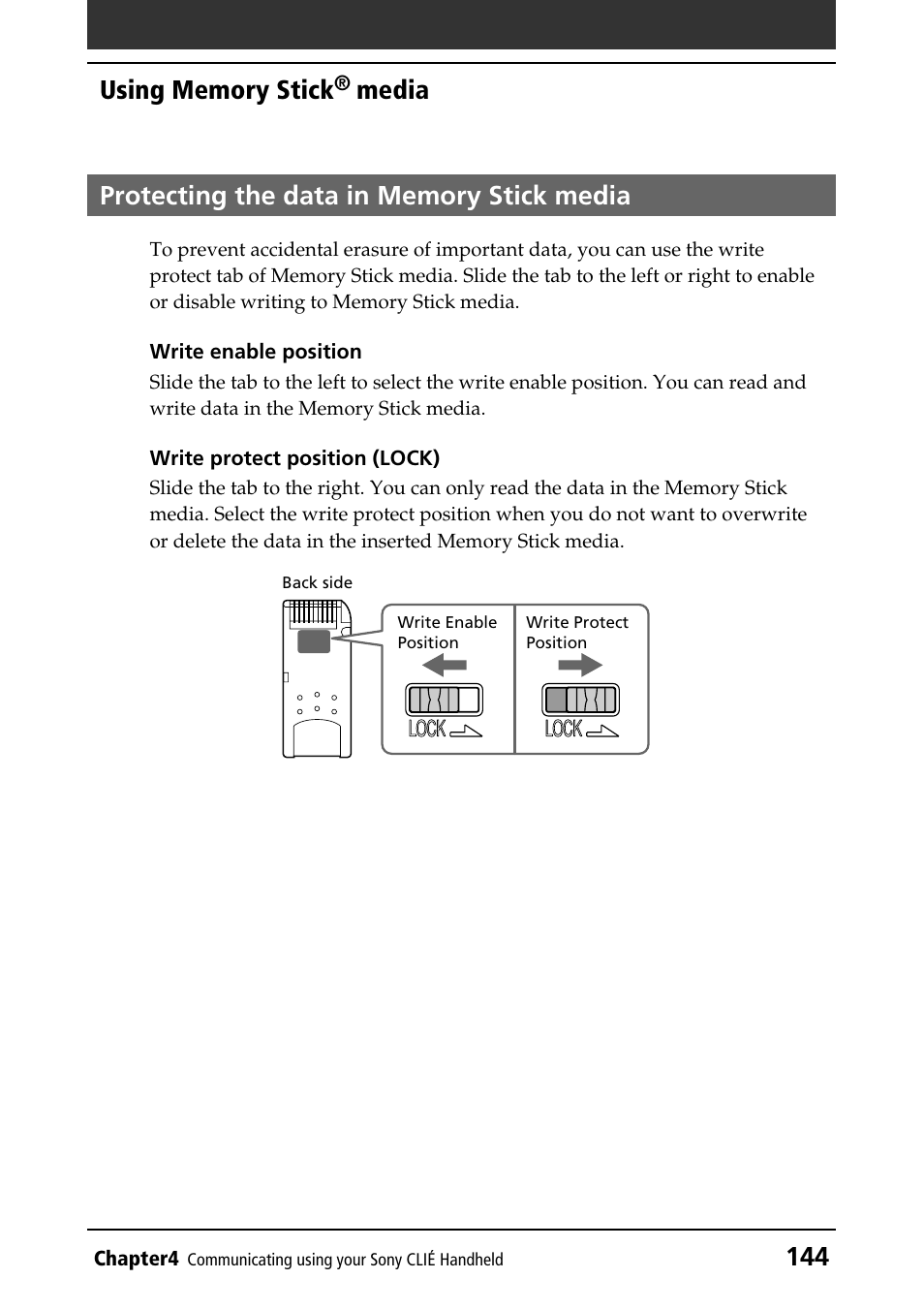 Protecting the data in memory stick media, Protecting data | Sony PEG-N760C User Manual | Page 144 / 232