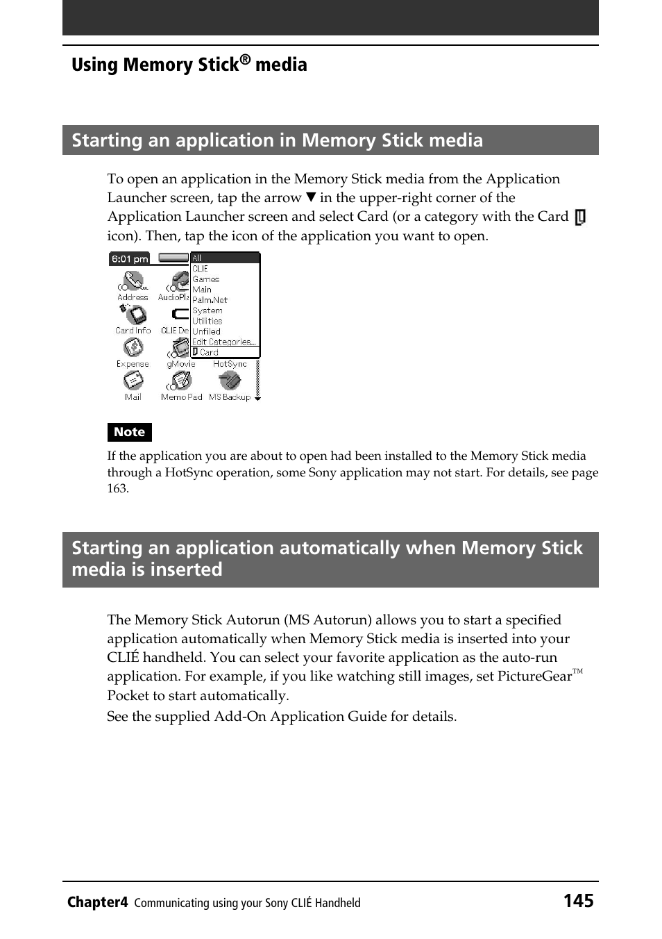 Starting an application in memory stick media, Setting applicaitons to start automatically, Starting an application | Sony PEG-N760C User Manual | Page 145 / 232