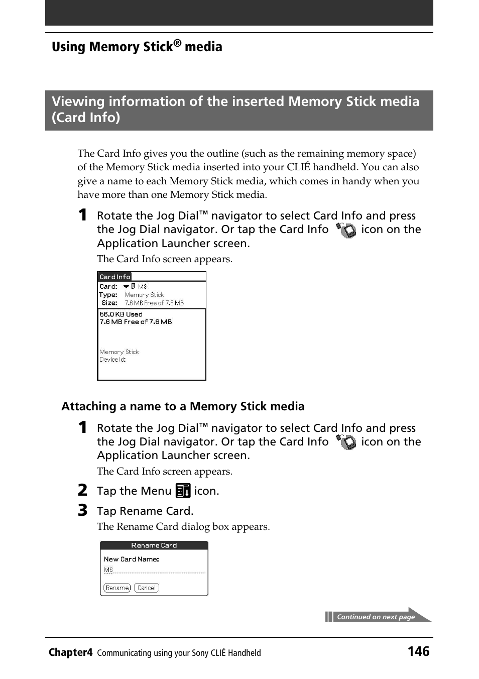 Card info, Attaching a name, Viewing media information | Sony PEG-N760C User Manual | Page 146 / 232