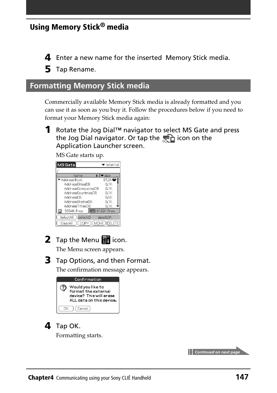 Formatting memory stick media, Formatting the memory stick media, Formatting | Sony PEG-N760C User Manual | Page 147 / 232