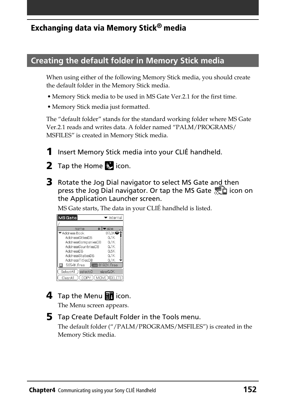 Creating the default folder in memory stick media, Default folder | Sony PEG-N760C User Manual | Page 152 / 232