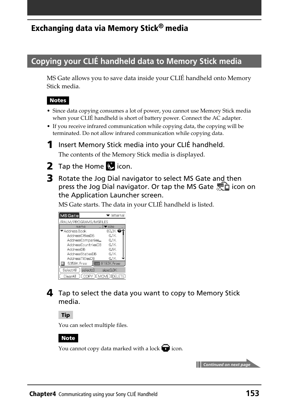 From clié handheld to memory stick media, Copying clié data to memory stick media | Sony PEG-N760C User Manual | Page 153 / 232