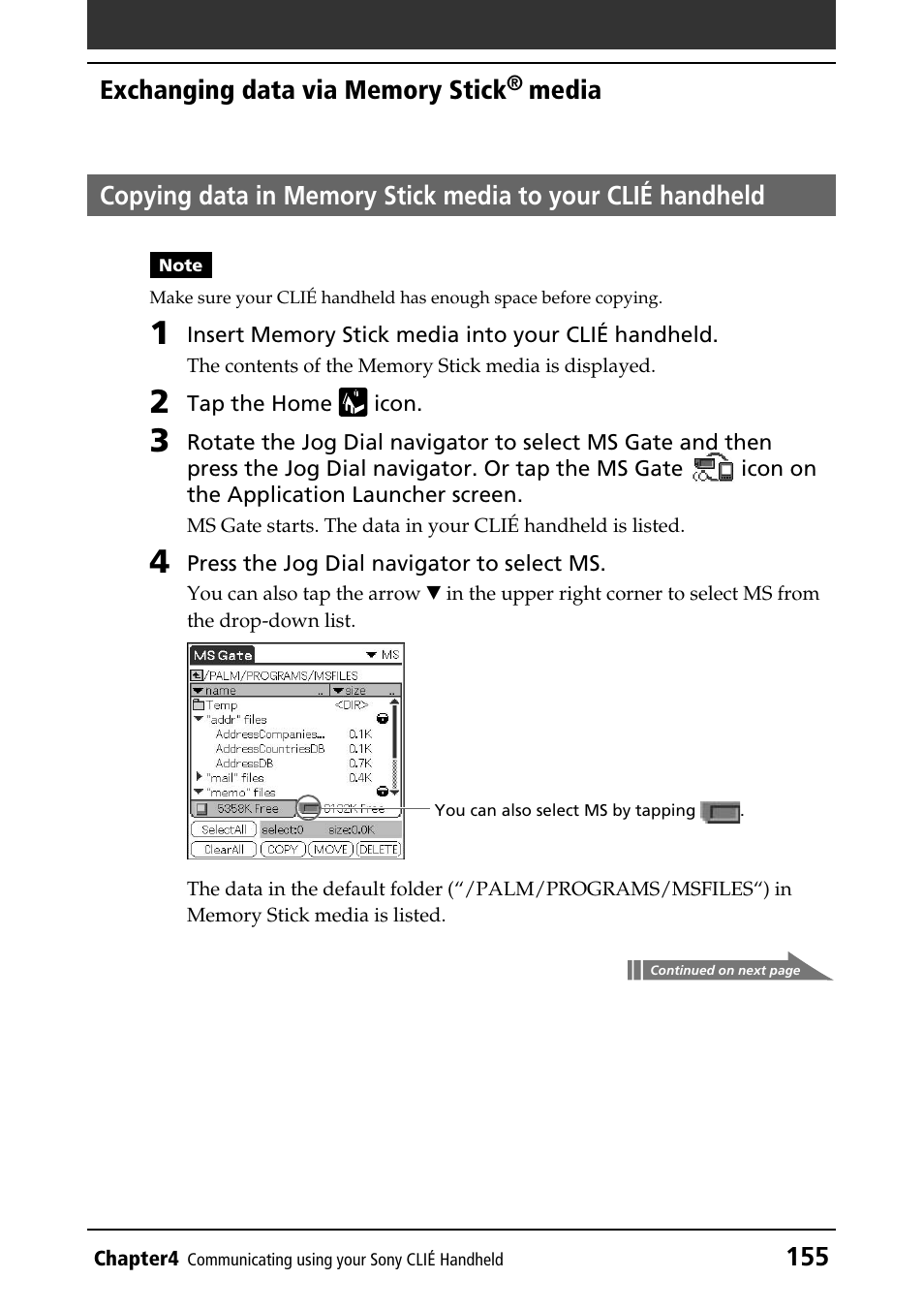 From memory stick media to clié handheld, Copying memory stick data to clié handheld | Sony PEG-N760C User Manual | Page 155 / 232