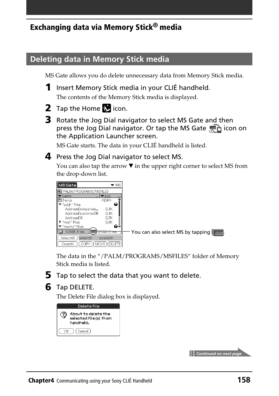 Deleting data in memory stick media, Data in the memory stick media, Deleting data | Sony PEG-N760C User Manual | Page 158 / 232