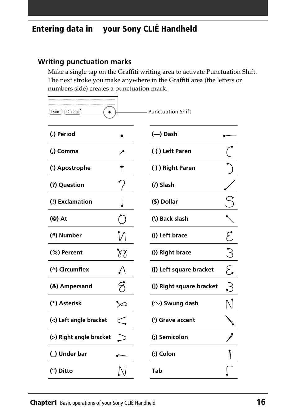 Punctuation marks, 16 entering data in to your sony clié handheld, Writing punctuation marks | Sony PEG-N760C User Manual | Page 16 / 232