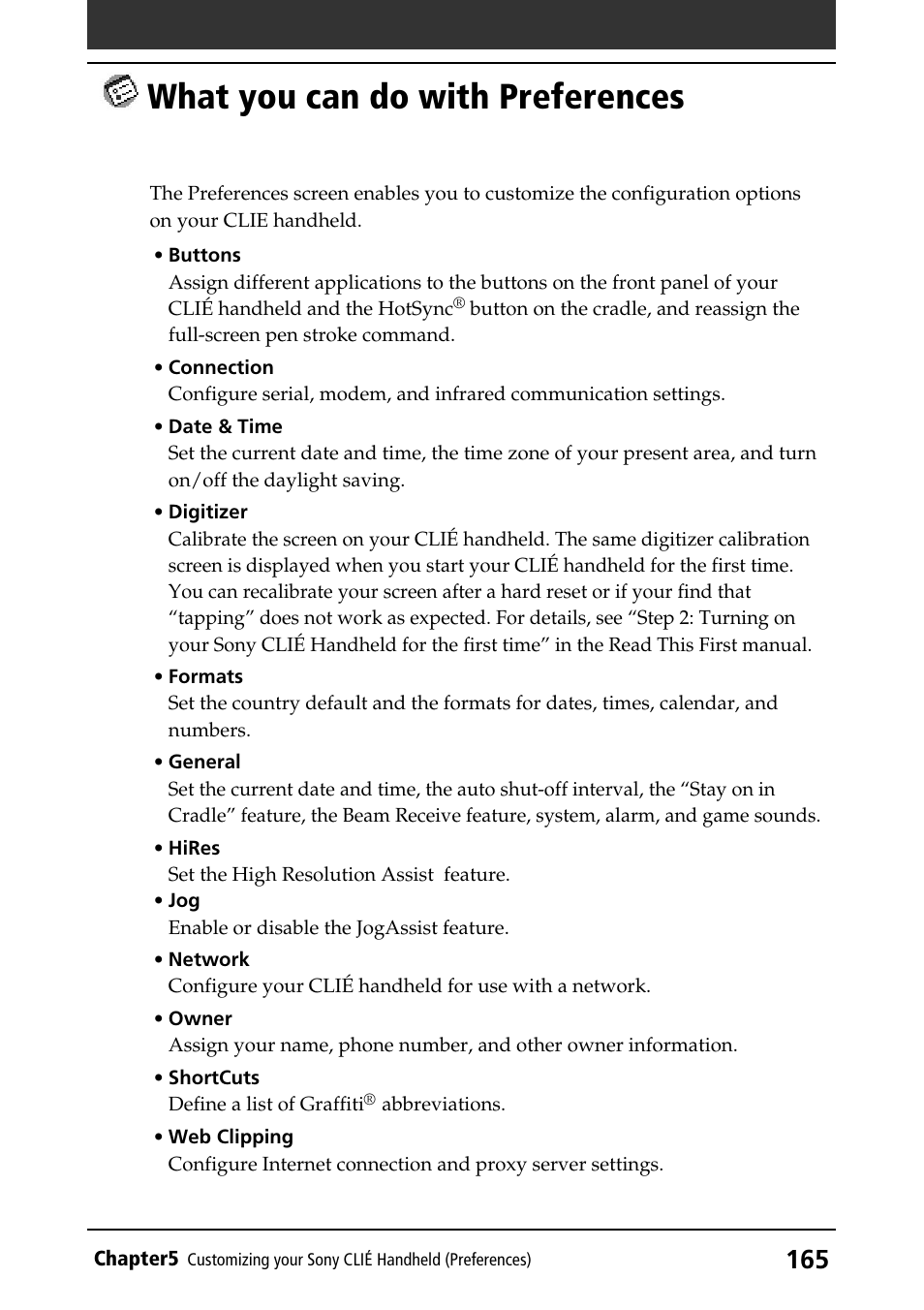 What you can do with preferences, Digitizer, Overview | What you can do with, Preferences | Sony PEG-N760C User Manual | Page 165 / 232