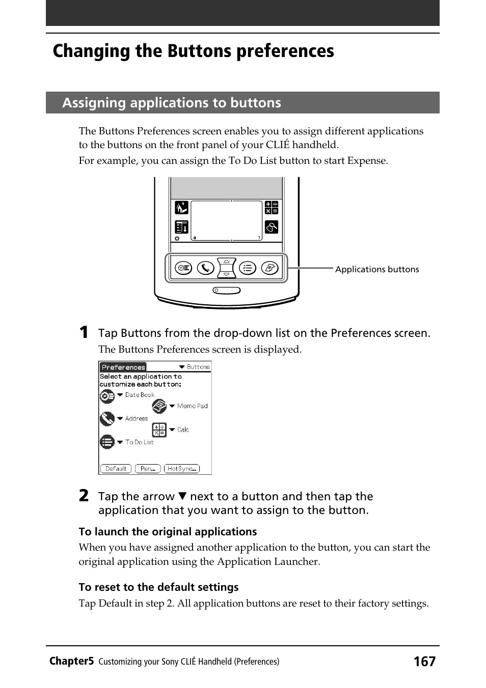 Changing the buttons preferences, Assigning applications to buttons, Buttons | Sony PEG-N760C User Manual | Page 167 / 232