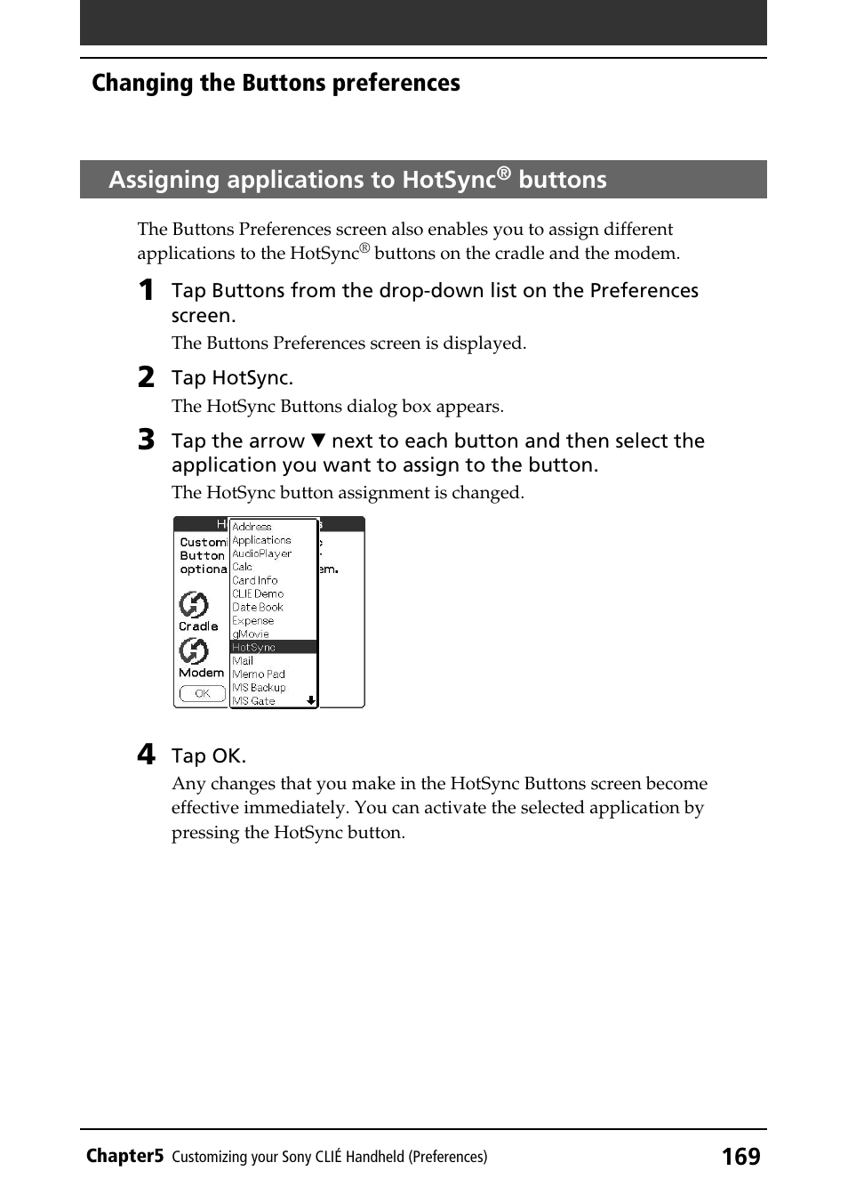 Assigning applications to hotsync® buttons, Hotsync button, Assigning applications to hotsync | Buttons | Sony PEG-N760C User Manual | Page 169 / 232