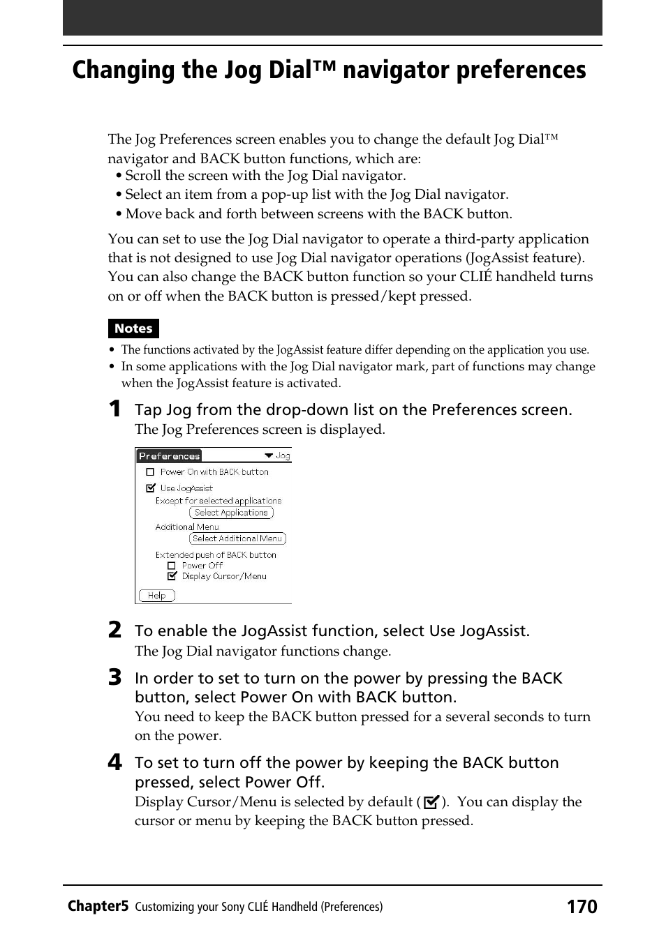 Changing the jog dial™ navigator preferences, Changing preferences, Jogassist function | Sony PEG-N760C User Manual | Page 170 / 232