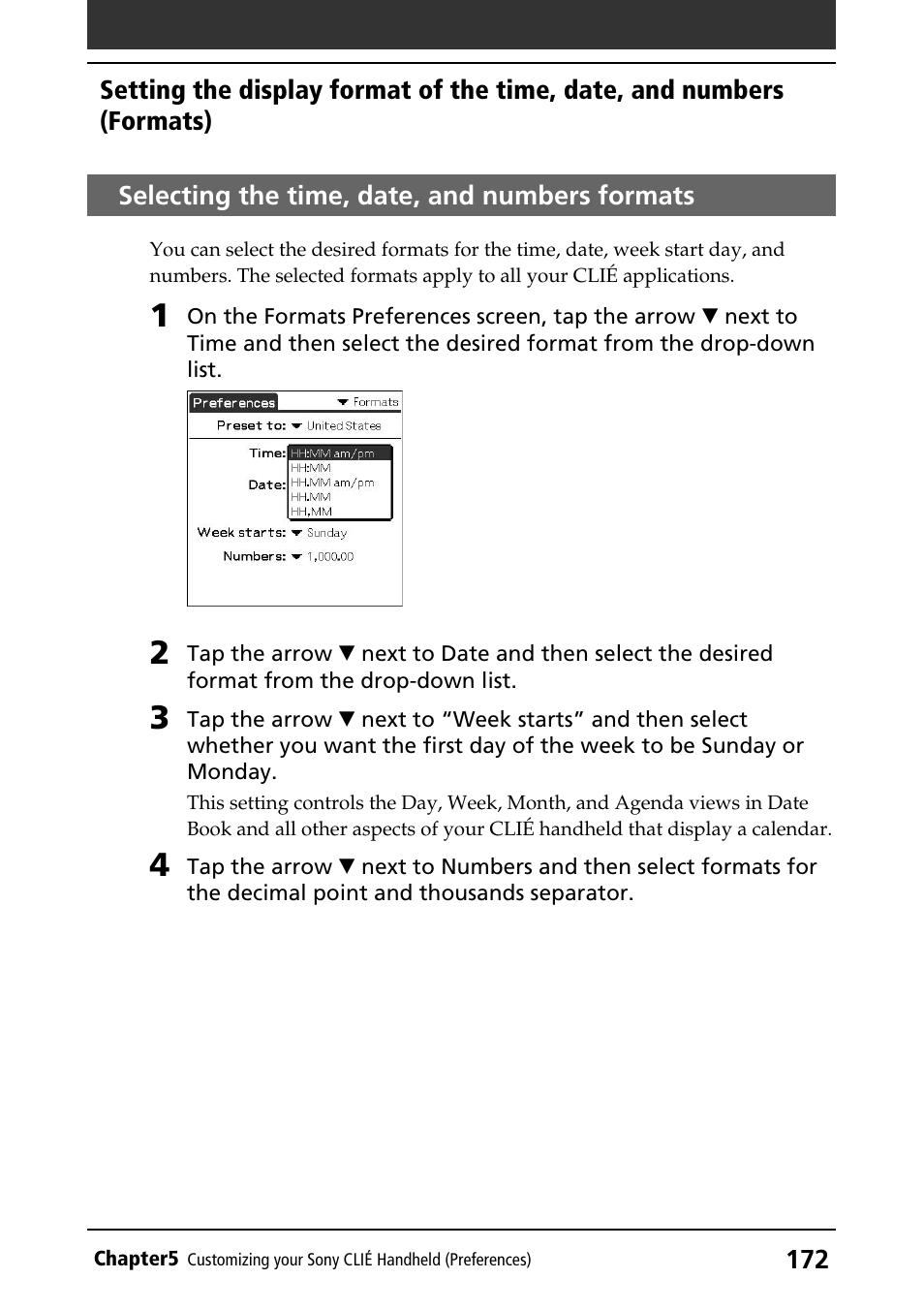 Selecting the time, date, and numbers formats, Time, date, and number formats, Number formats | Sony PEG-N760C User Manual | Page 172 / 232