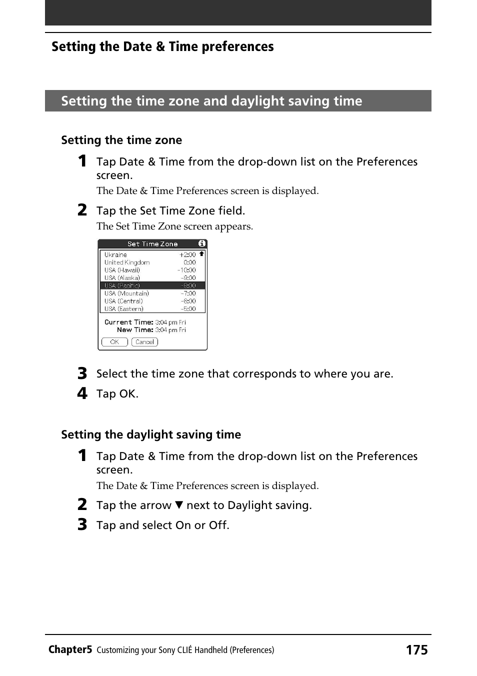 Setting the time zone and daylight saving time, Setting daylight saving time, Setting the time zone | Daylight saving time, Time zone | Sony PEG-N760C User Manual | Page 175 / 232