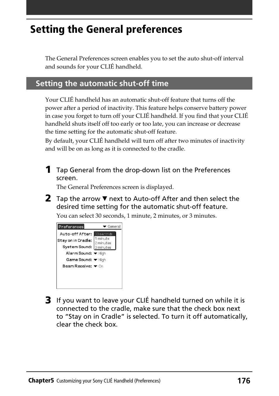 Setting the general preferences, Setting the automatic shut-off time, Automatic shut-off time | General preferences | Sony PEG-N760C User Manual | Page 176 / 232