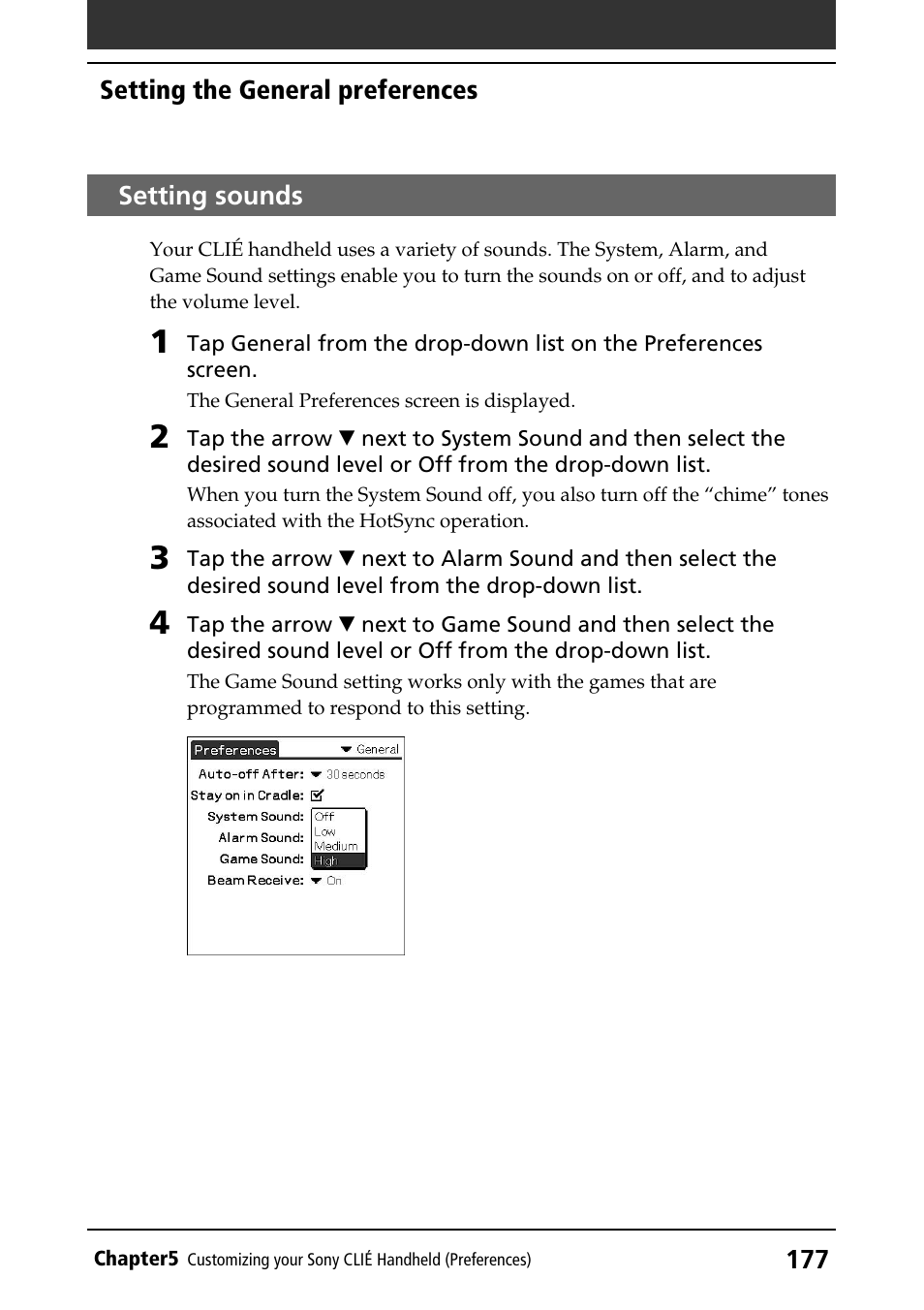 Setting sounds, Sound | Sony PEG-N760C User Manual | Page 177 / 232