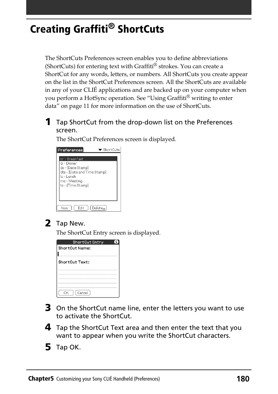 Creating graffiti® shortcuts, Graffiti shortcuts, Creating graffiti | Shortcuts | Sony PEG-N760C User Manual | Page 180 / 232