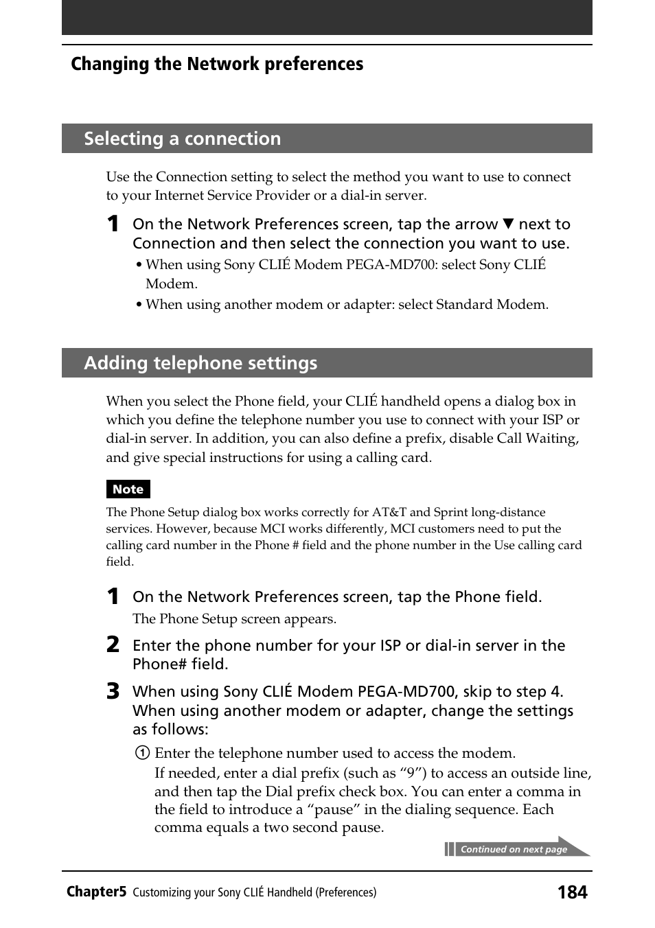 Selecting a connection, Adding telephone settings, Selecting a connenction | Telephone setting, Changing the network preferences | Sony PEG-N760C User Manual | Page 184 / 232