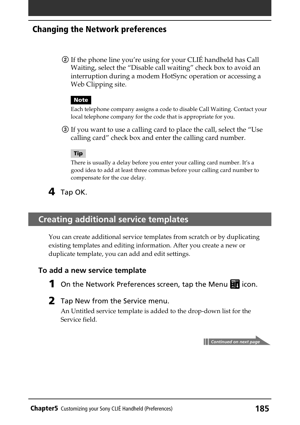 Creating additional service templates, Service template, Creating additional service templates . 185 | Changing the network preferences | Sony PEG-N760C User Manual | Page 185 / 232