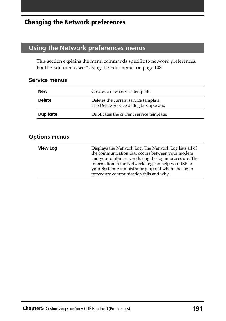 Using the network preferences menus, Using menus, Changing the network preferences | Sony PEG-N760C User Manual | Page 191 / 232