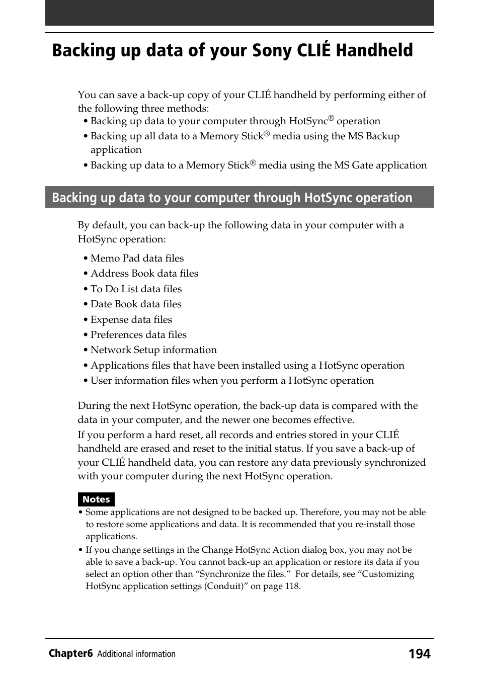 Backing up data of your sony clié handheld, By a hotsync operation (to computer) | Sony PEG-N760C User Manual | Page 194 / 232