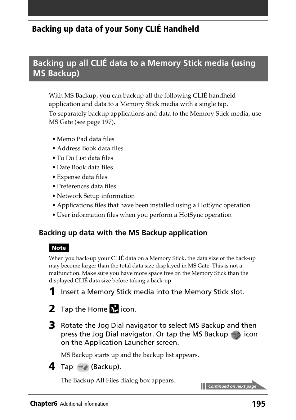 By ms backup (to memory stick media), Backing up all clié data to memory stick media, Backing up data of your sony clié handheld | Sony PEG-N760C User Manual | Page 195 / 232