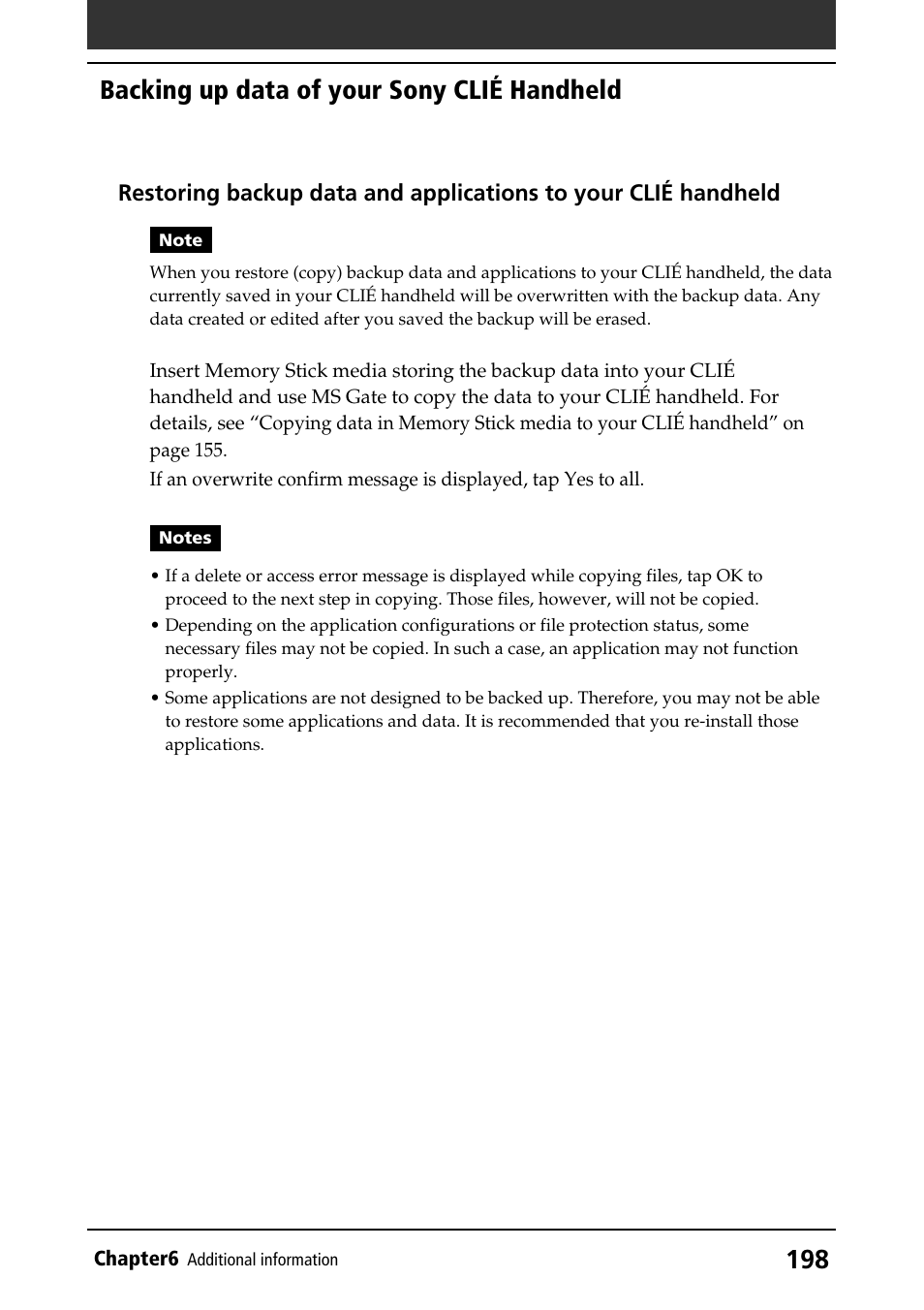 Restoring back-up to your clié handheld, Backing up data of your sony clié handheld | Sony PEG-N760C User Manual | Page 198 / 232