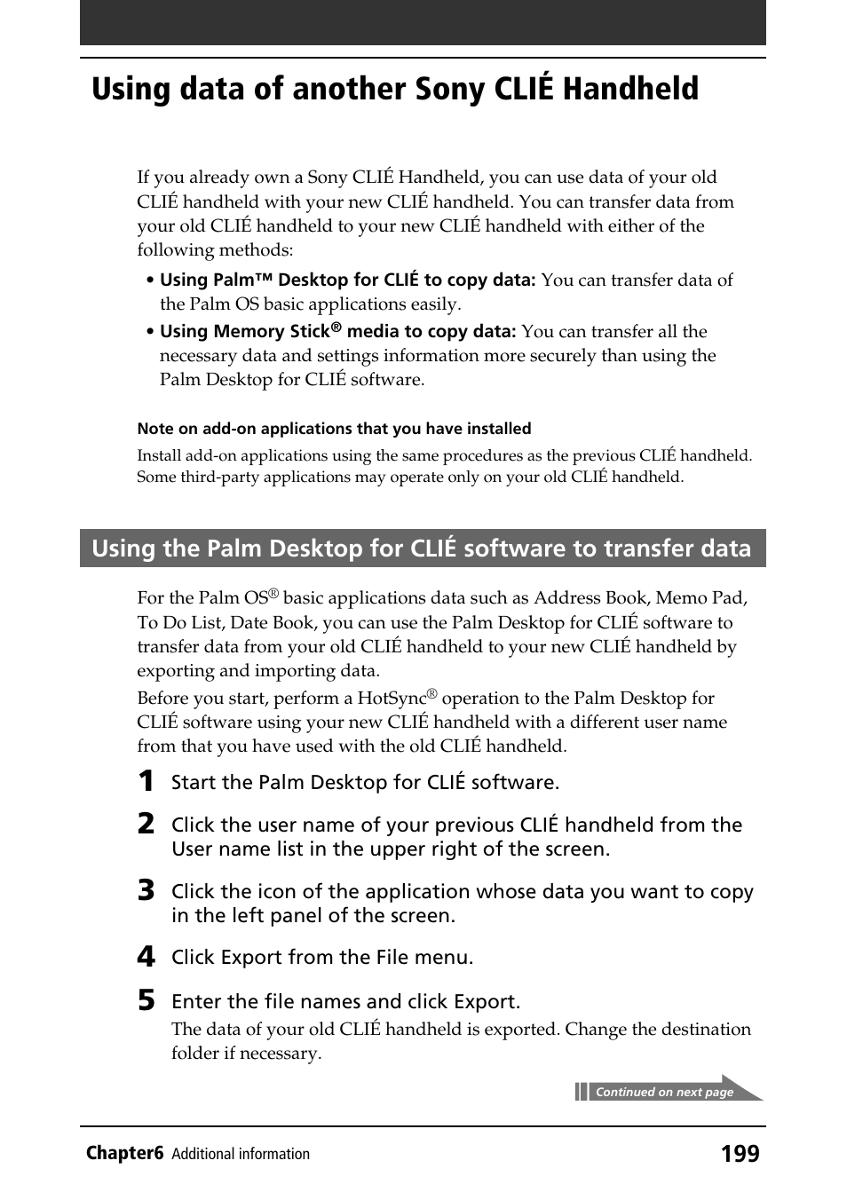 Using data of another sony clié handheld, Using palm desktop for clié | Sony PEG-N760C User Manual | Page 199 / 232