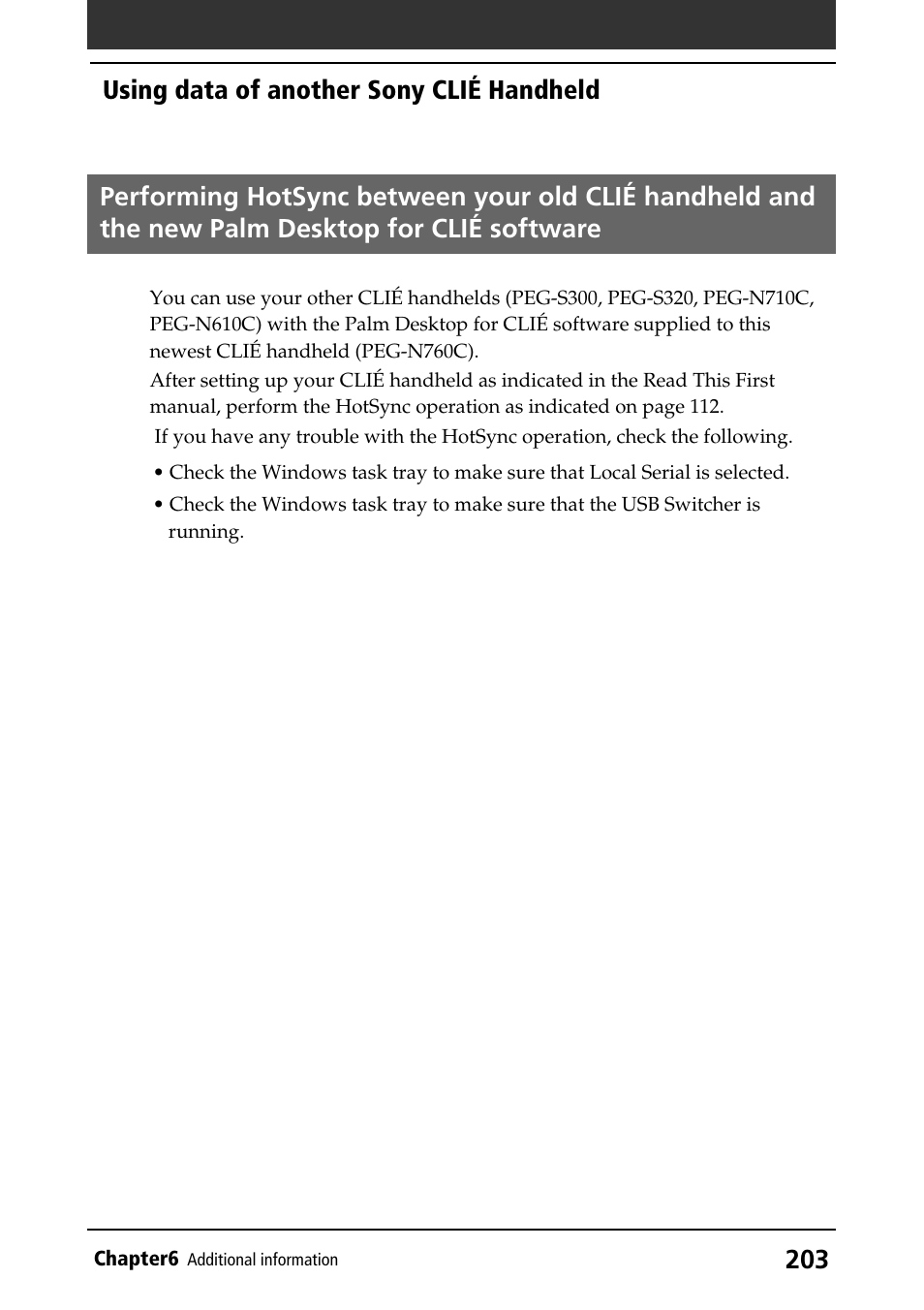 Using data of another sony clié handheld | Sony PEG-N760C User Manual | Page 203 / 232