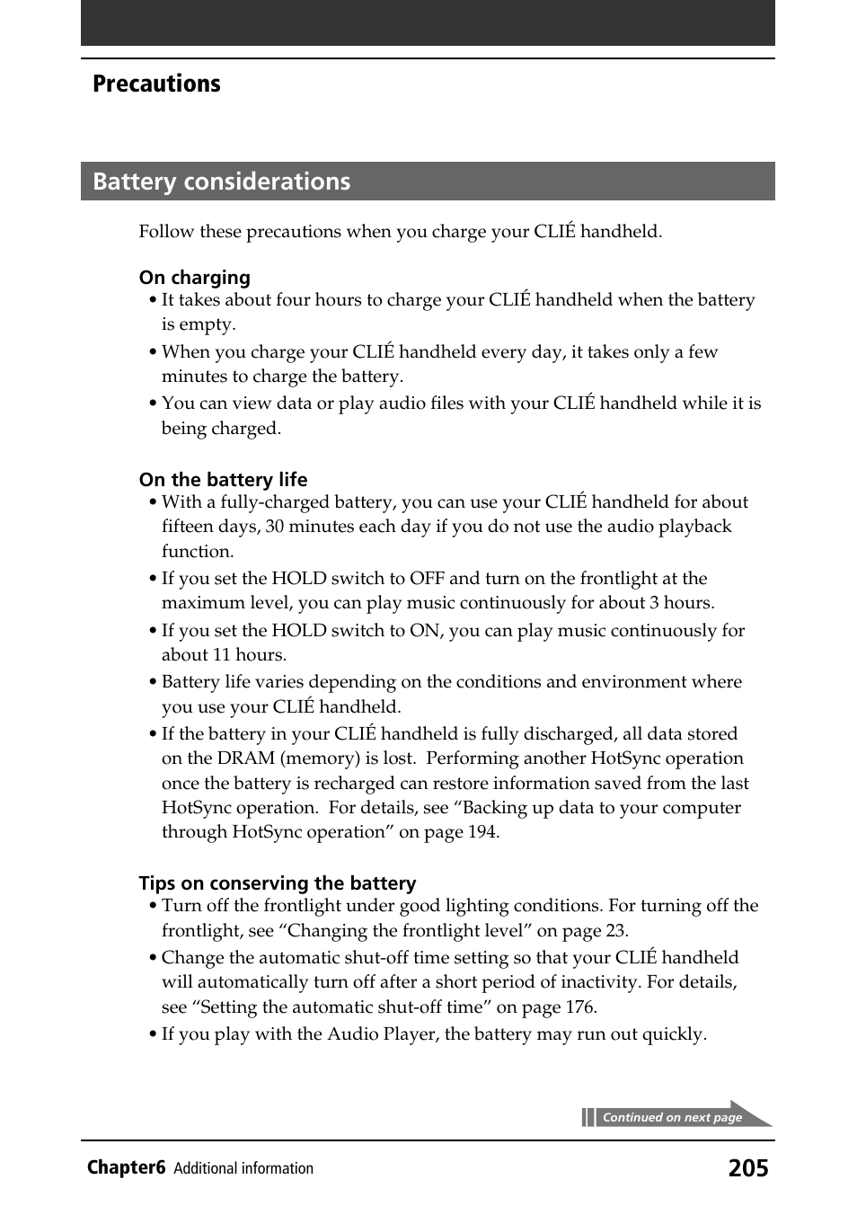 Battery considerations, Tips and notes, Battery life | Precautions | Sony PEG-N760C User Manual | Page 205 / 232