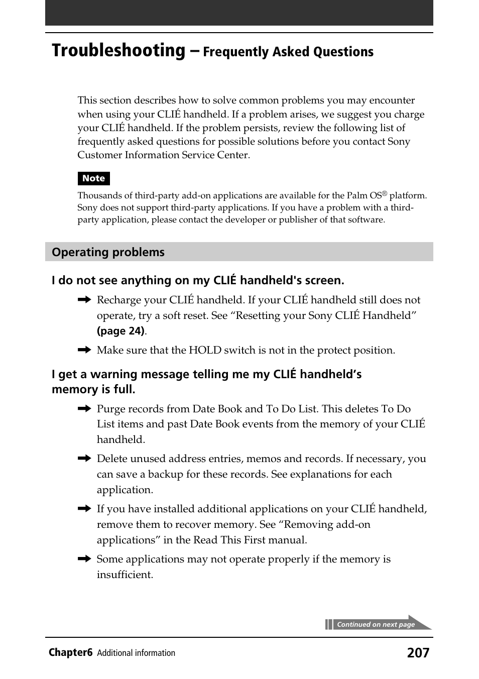 Troubleshooting – frequently asked questions, Faq(frequently asked questions), Operations | Troubleshooting, Frequently asked questions | Sony PEG-N760C User Manual | Page 207 / 232