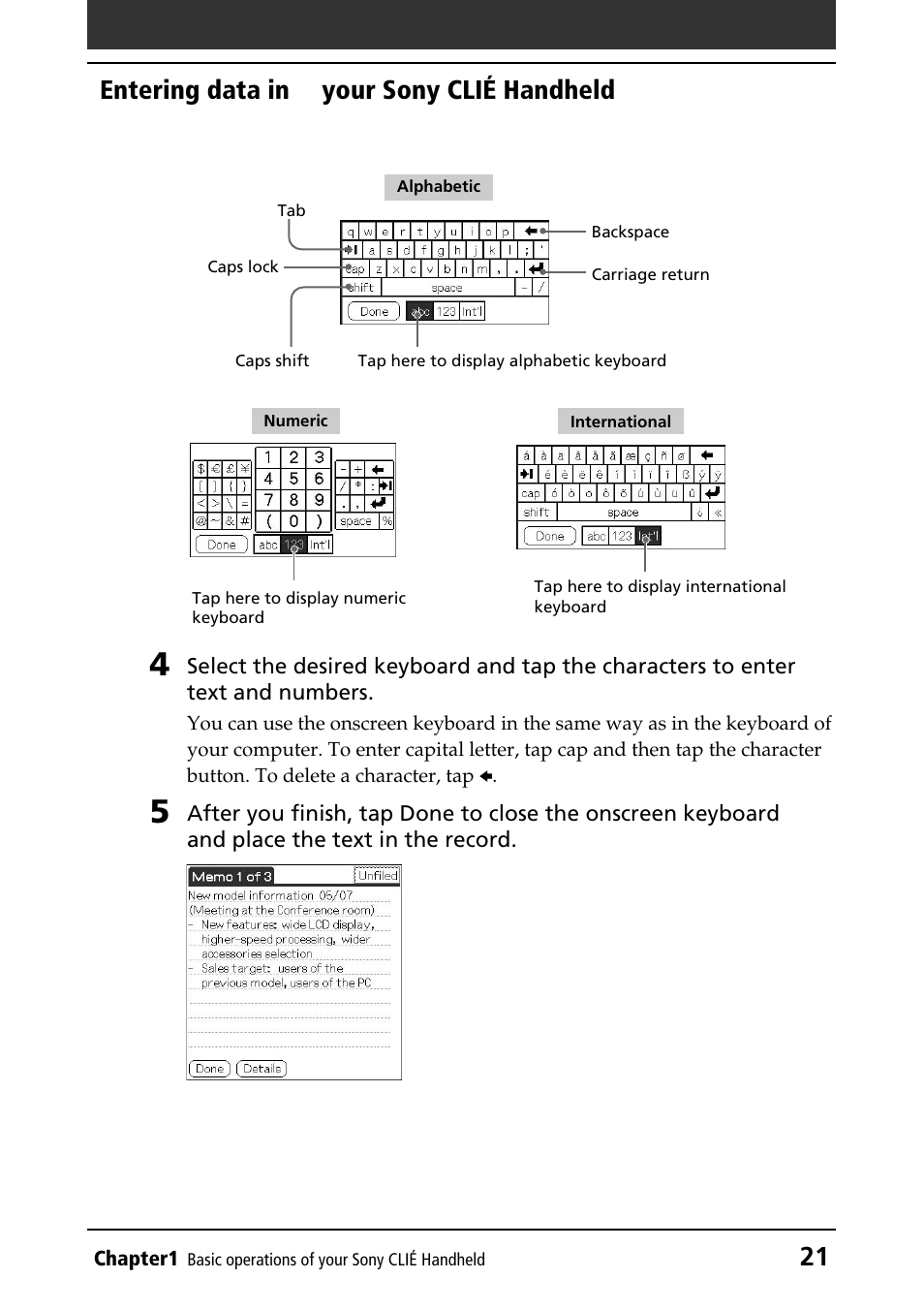 21 entering data in to your sony clié handheld | Sony PEG-N760C User Manual | Page 21 / 232