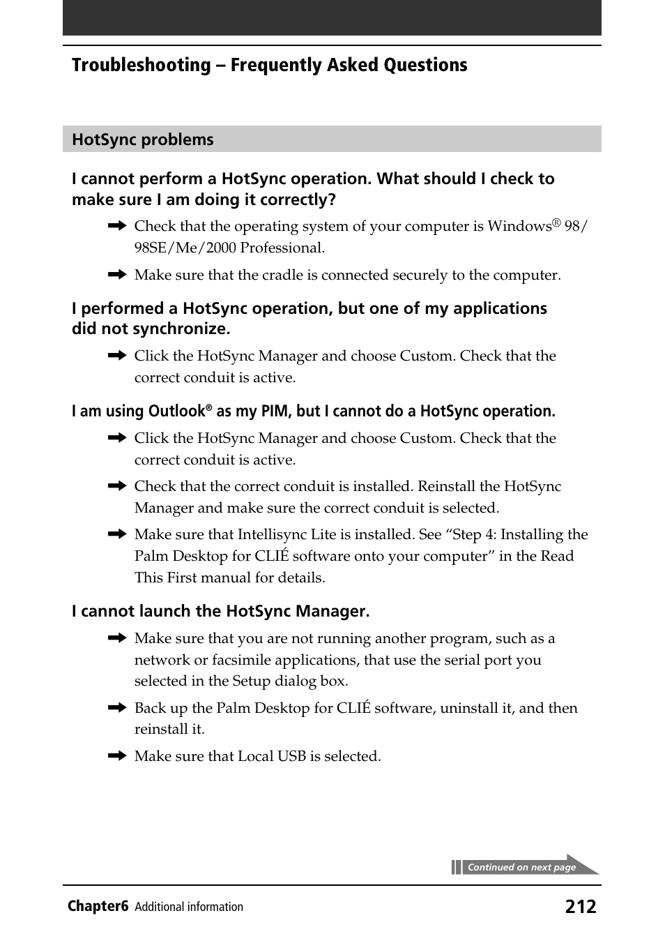 Troubleshooting, Hotsync operations, Troubleshooting – frequently asked questions | Sony PEG-N760C User Manual | Page 212 / 232