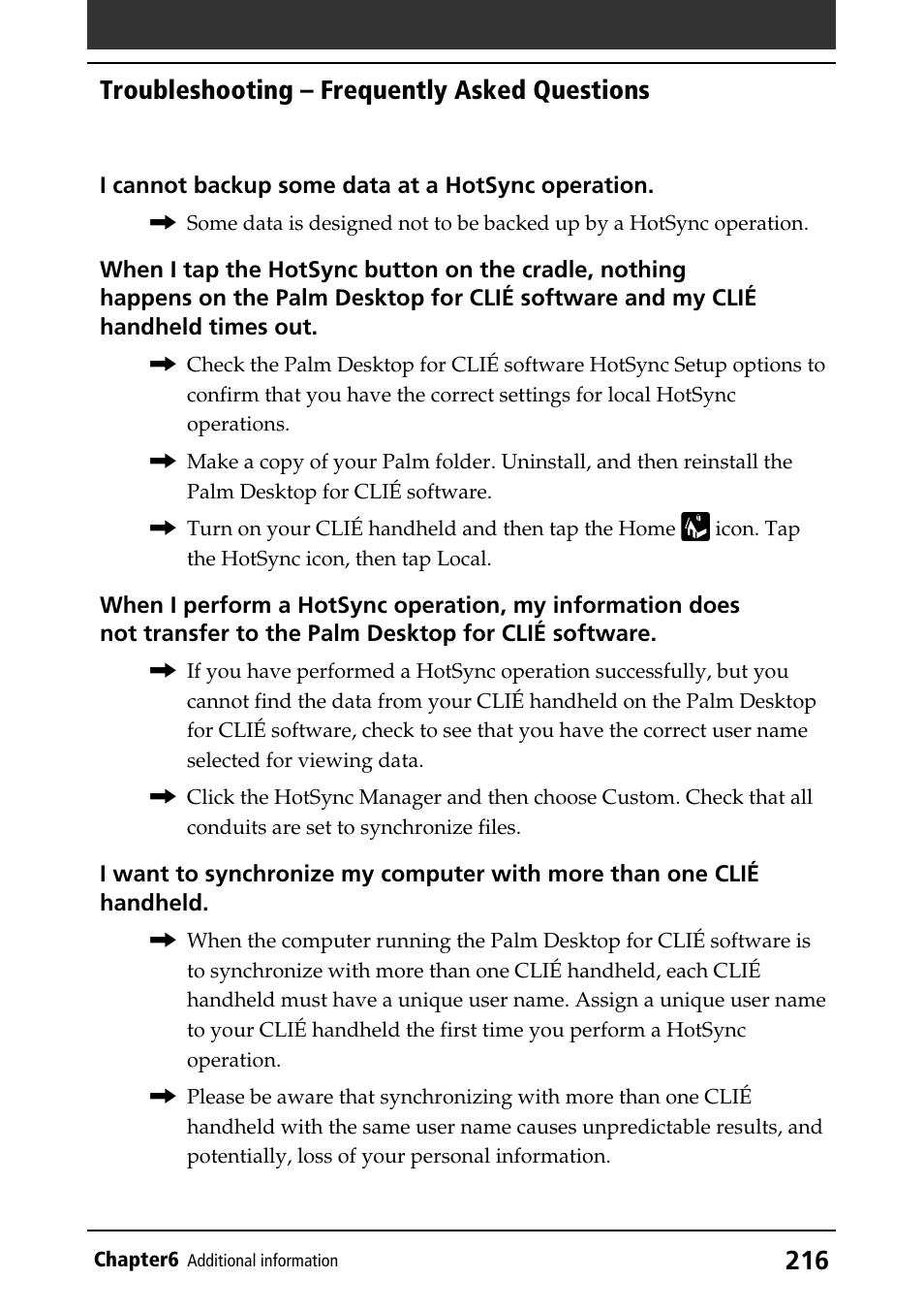 Troubleshooting – frequently asked questions | Sony PEG-N760C User Manual | Page 216 / 232