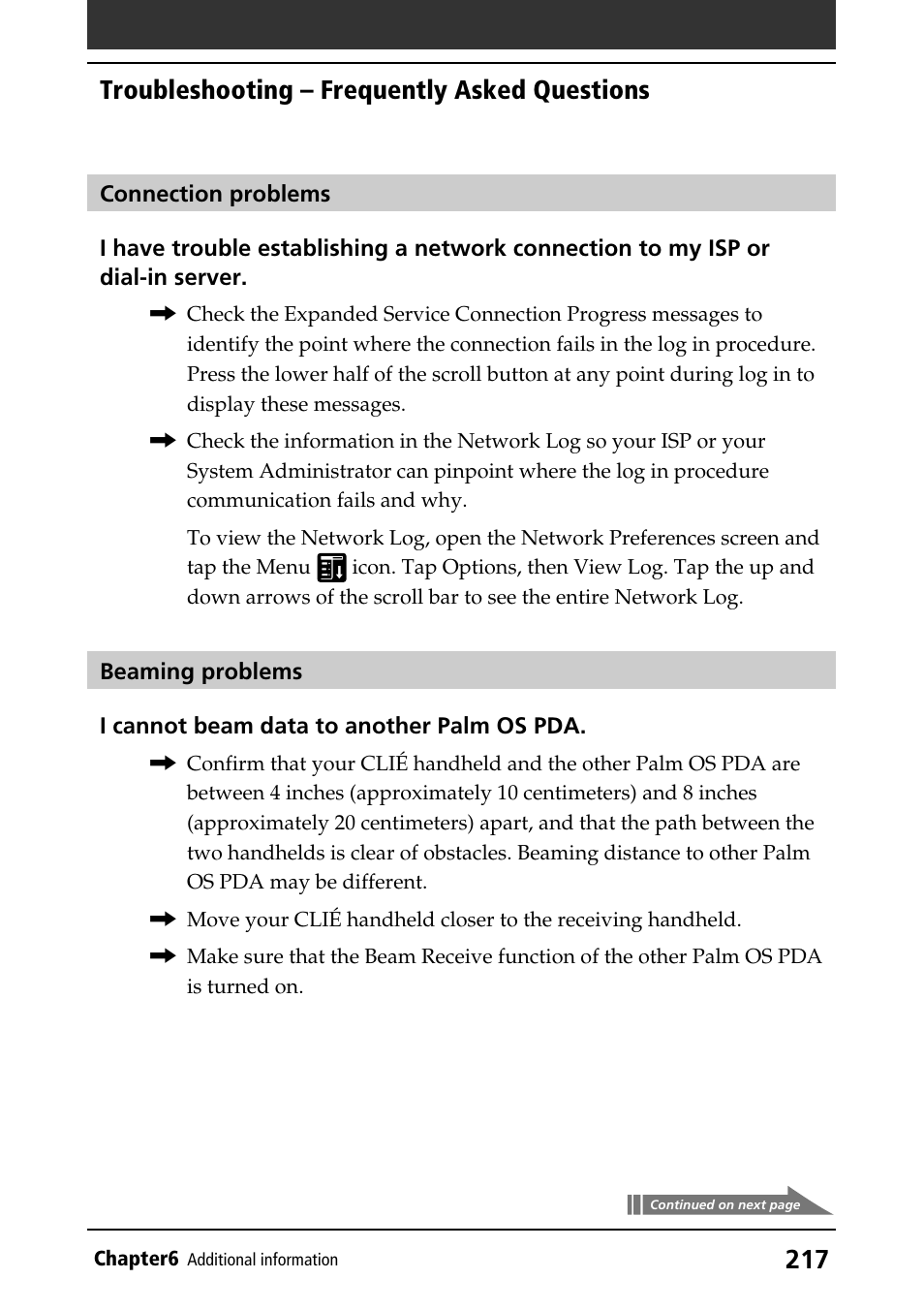Troubleshooting, Beaming, Connection | Troubleshooting – frequently asked questions | Sony PEG-N760C User Manual | Page 217 / 232