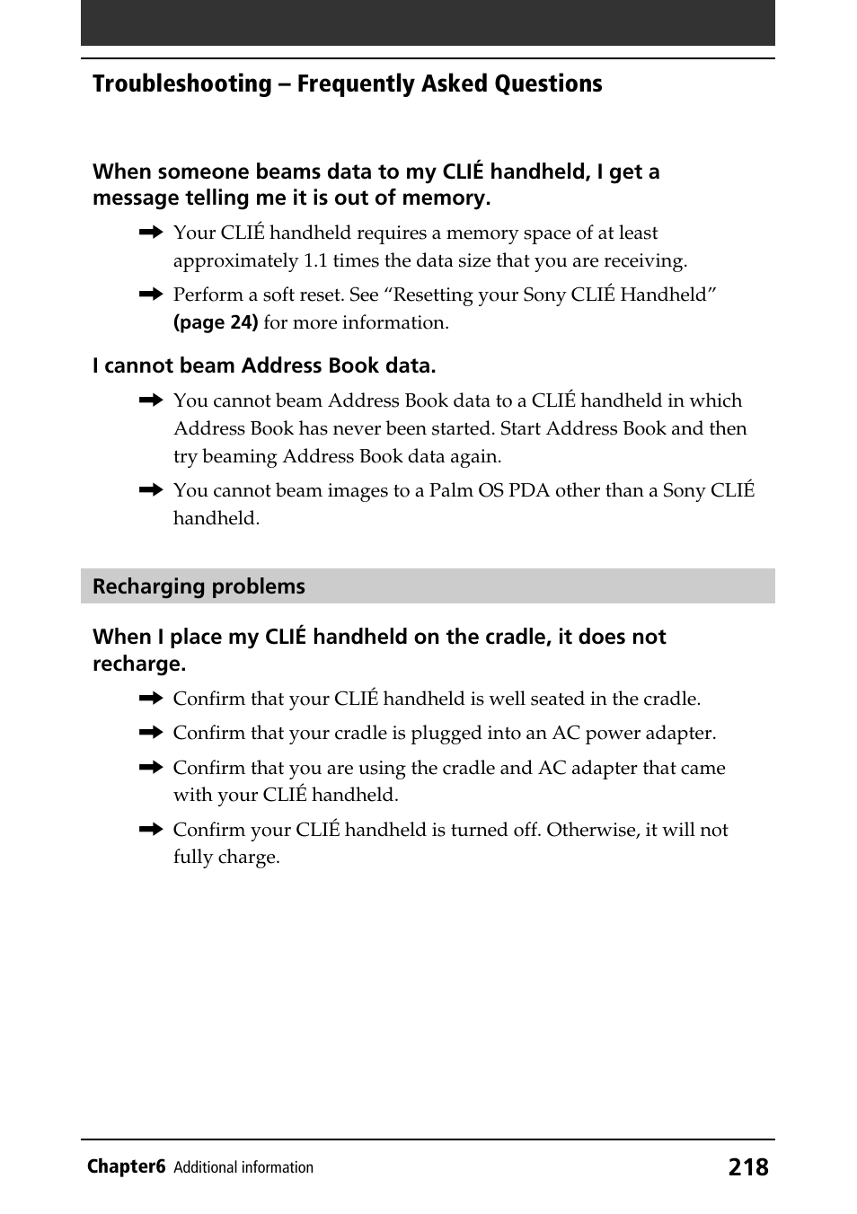 Troubleshooting, Recharging, Troubleshooting – frequently asked questions | Sony PEG-N760C User Manual | Page 218 / 232