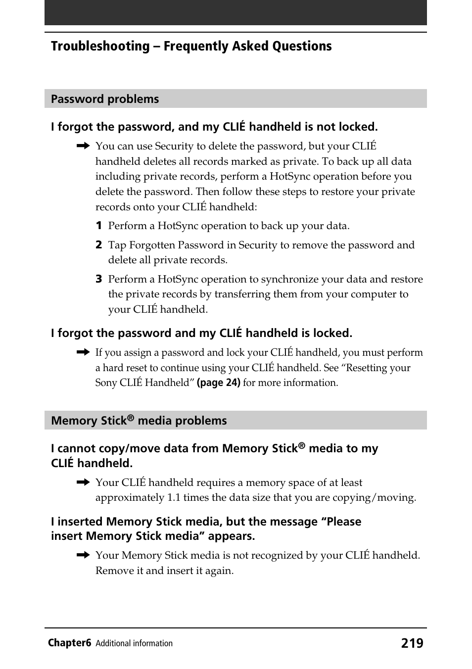 Troubleshooting, Memory stick media, Password | Troubleshooting – frequently asked questions | Sony PEG-N760C User Manual | Page 219 / 232