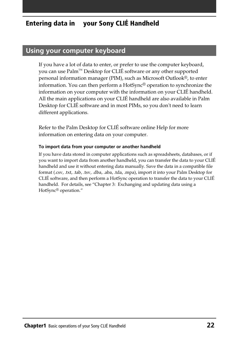 Using your computer keyboard, Computer keyboard | Sony PEG-N760C User Manual | Page 22 / 232
