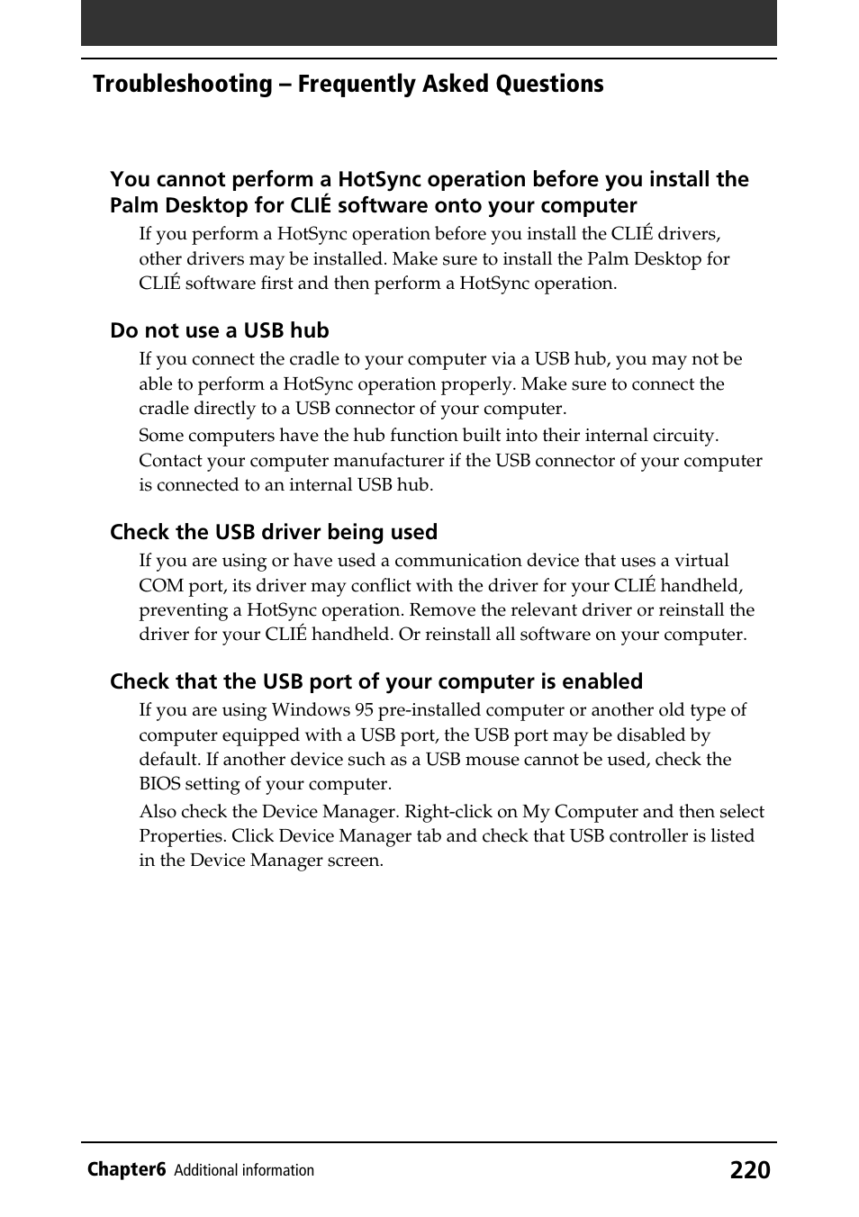 Usb driver, Troubleshooting – frequently asked questions | Sony PEG-N760C User Manual | Page 220 / 232