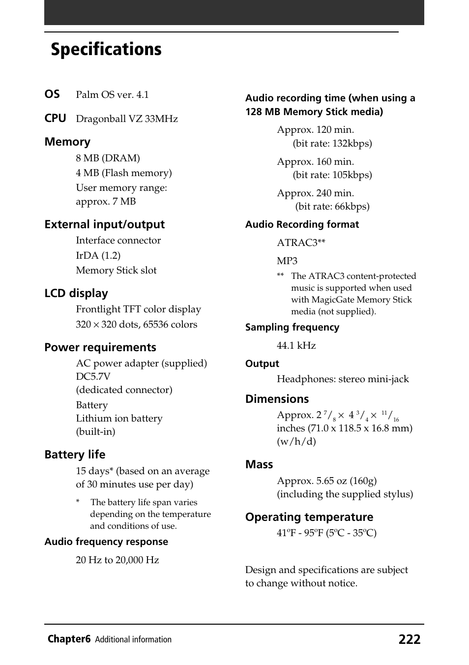 Specifications | Sony PEG-N760C User Manual | Page 222 / 232