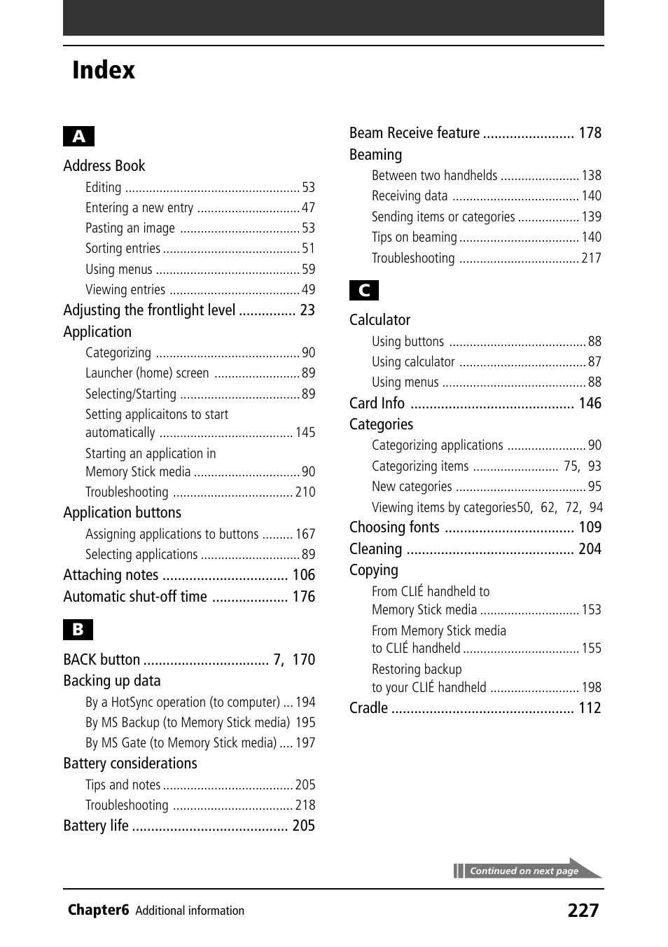 Index, Address book, Application | Application buttons, Backing up data, Battery considerations, Beaming, Calculator, Categories, Copying | Sony PEG-N760C User Manual | Page 227 / 232