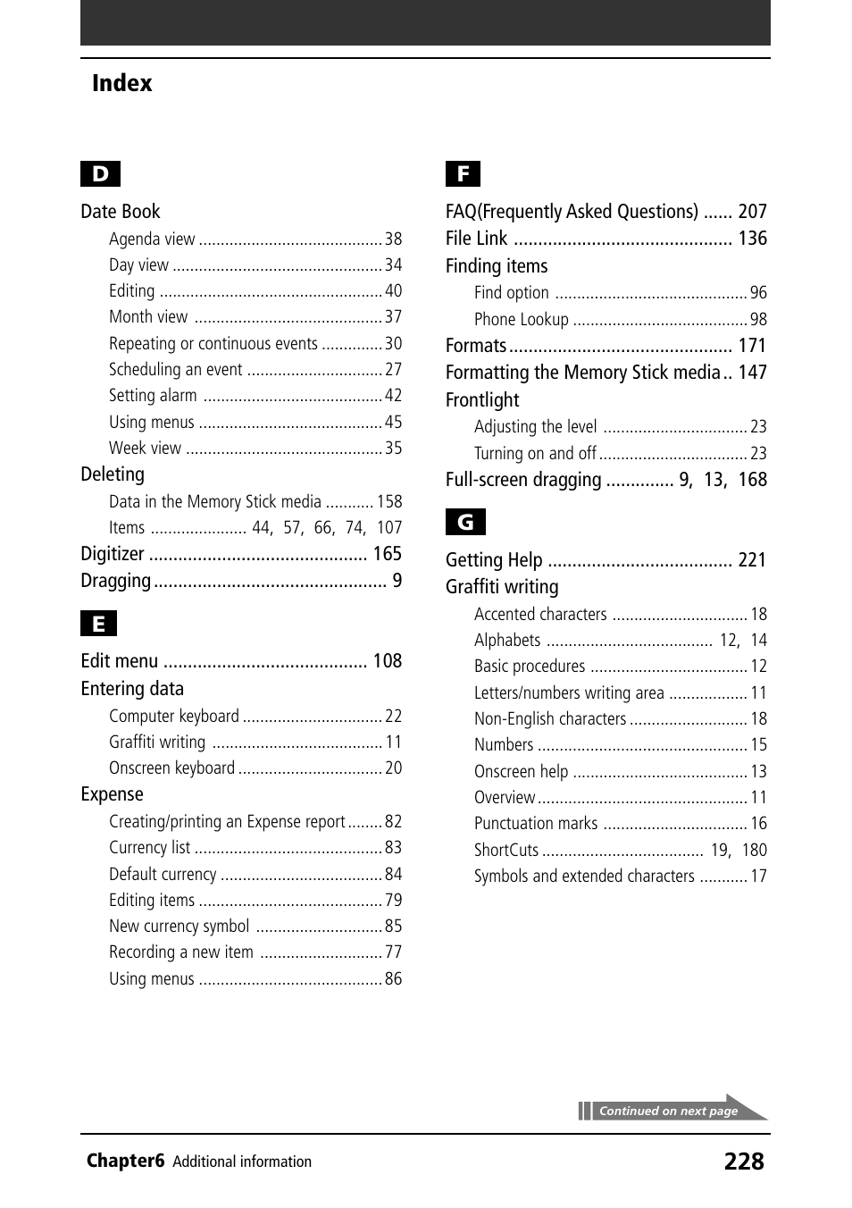 Date book, Deleting, Entering data | Expense, Finding items, Frontlight, Graffiti writing, Index | Sony PEG-N760C User Manual | Page 228 / 232