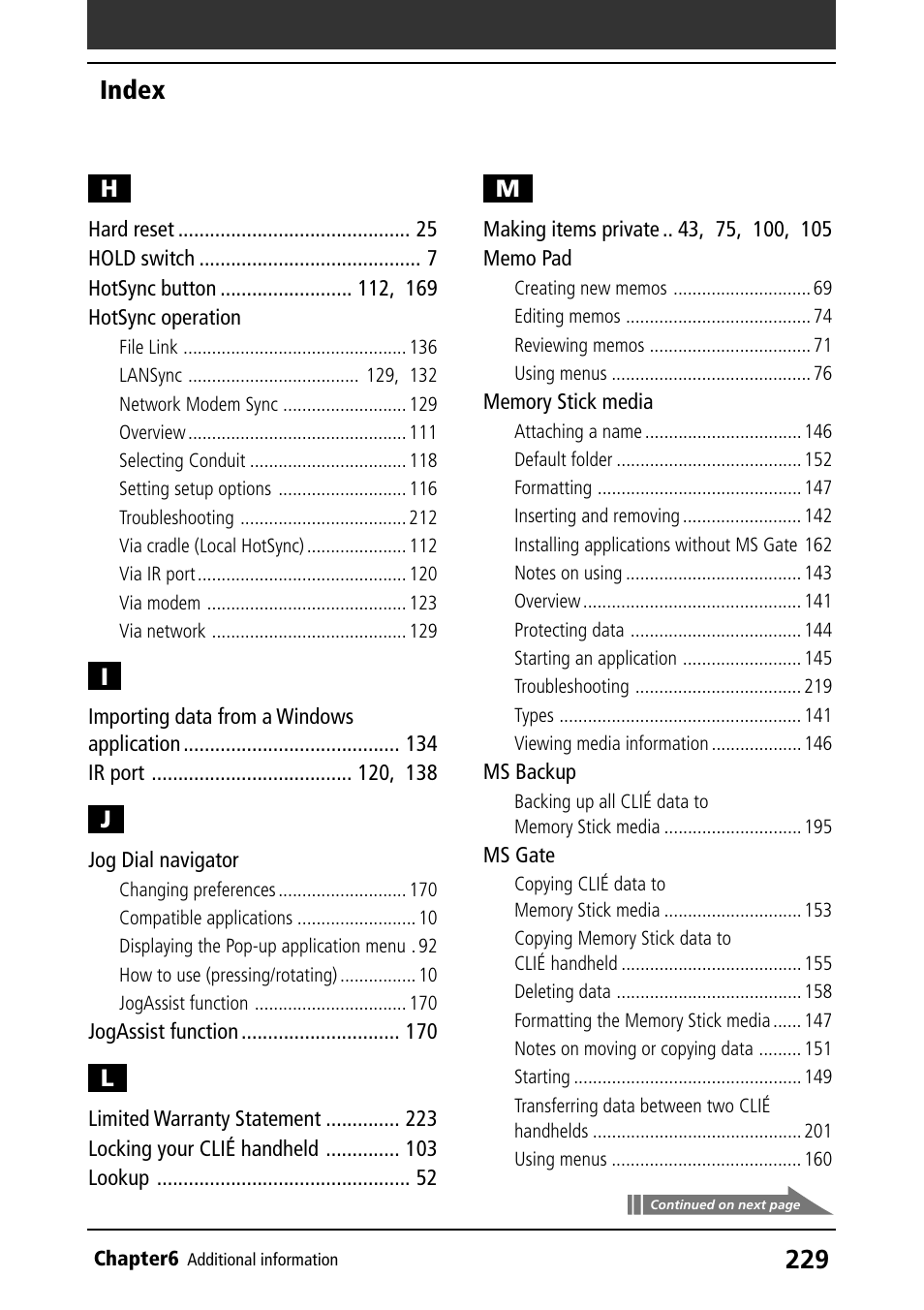 Hotsync operation, Jog dial navigator, Memo pad | Memory stick media, Ms backup, Ms gate, Index | Sony PEG-N760C User Manual | Page 229 / 232