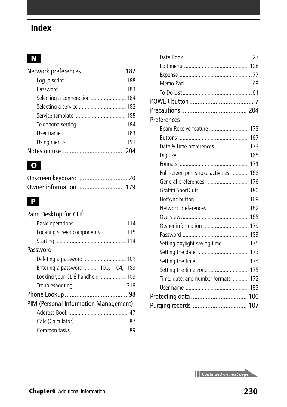 Palm desktop for clié, Password, Pim (personal information management) | Preferences, Index | Sony PEG-N760C User Manual | Page 230 / 232