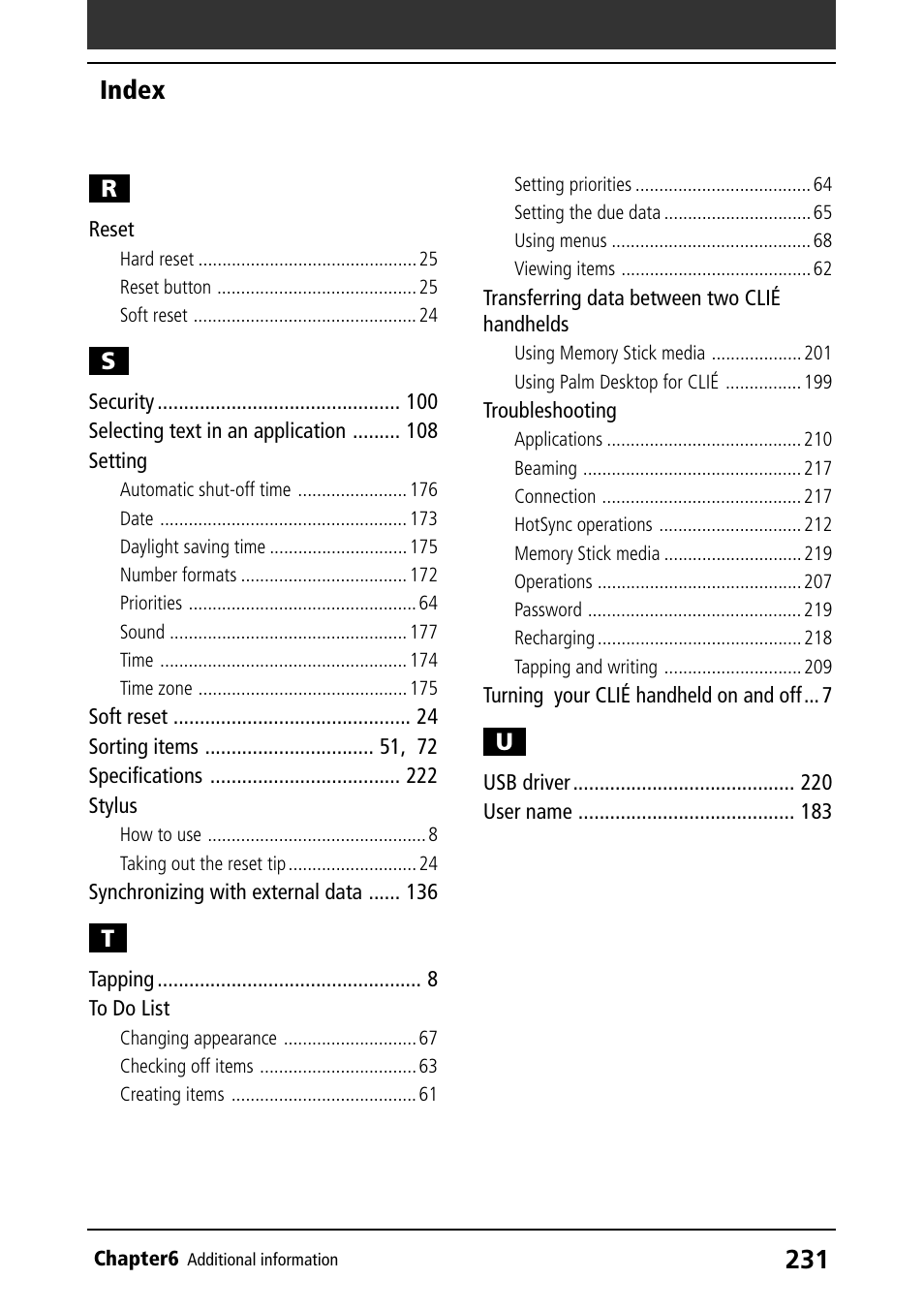 Reset, Setting, Stylus | To do list, Transferring data between two clié handhelds, Troubleshooting, Index | Sony PEG-N760C User Manual | Page 231 / 232