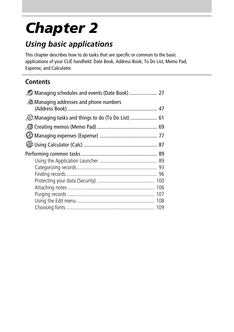 Chapter 2: using basic applications, Chapter 2, Using basic applications | Sony PEG-N760C User Manual | Page 26 / 232