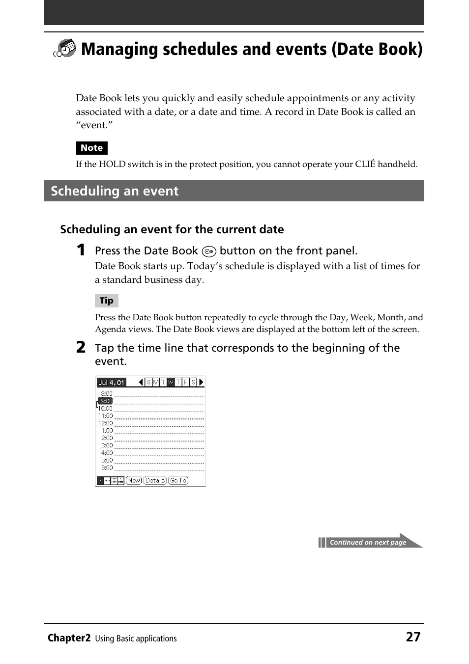 Managing schedules and events (date book), Scheduling an event, Date book | Sony PEG-N760C User Manual | Page 27 / 232
