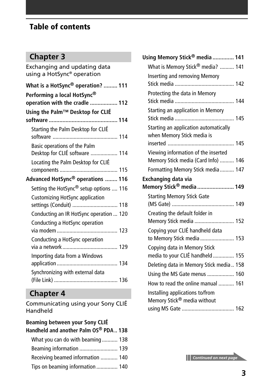 3table of contents, Chapter 3, Chapter 4 | Sony PEG-N760C User Manual | Page 3 / 232