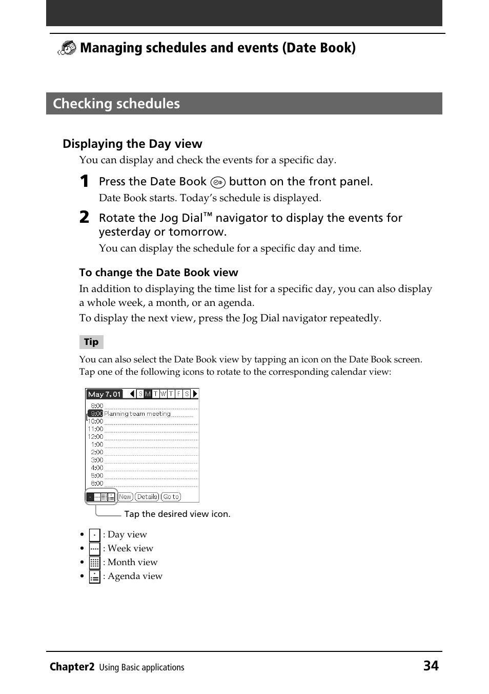 Checking schedules, Day view | Sony PEG-N760C User Manual | Page 34 / 232