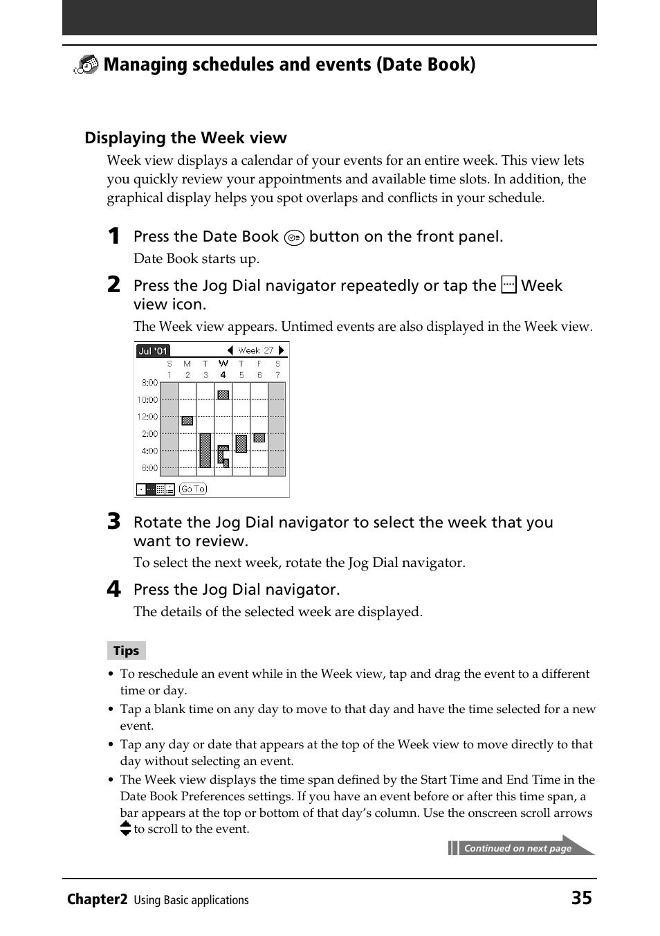 Week view, 35 managing schedules and events (date book) | Sony PEG-N760C User Manual | Page 35 / 232